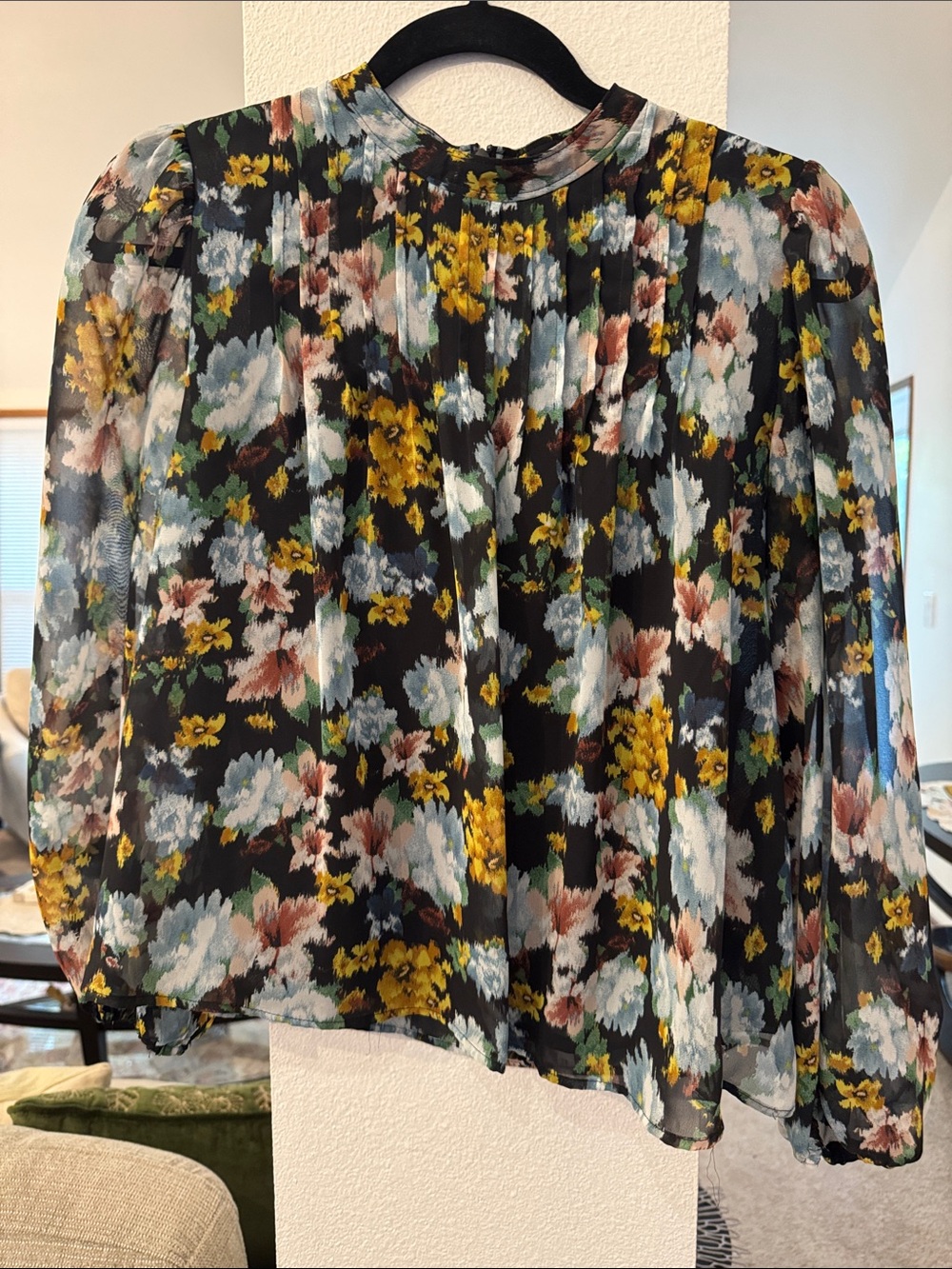 Mango Black Sheer Floral Pleated Blouse with Yellow & Cream Accents